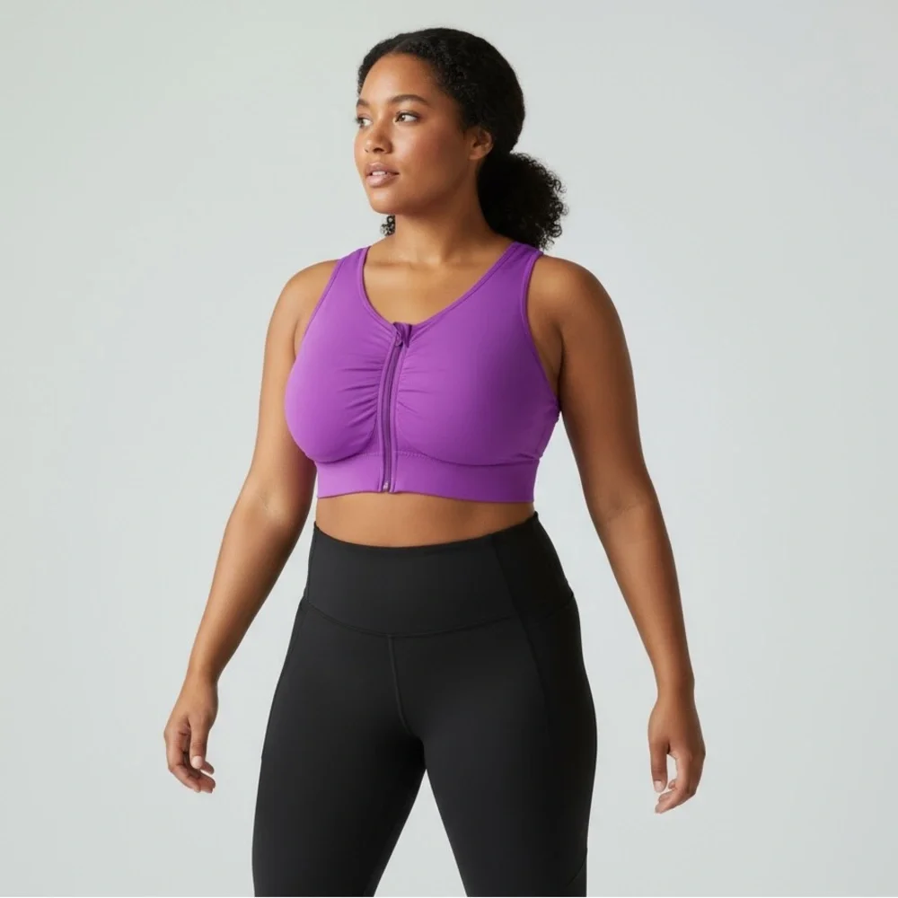 Rhonda Shear Front Zip Sports Bra Purple Size Large Full Coverage Padded - Picture 3 of 8